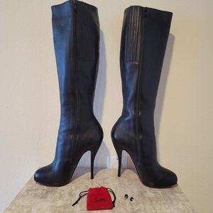 Louboutin Black Leather Knee High Stiletto Boots Heels 39